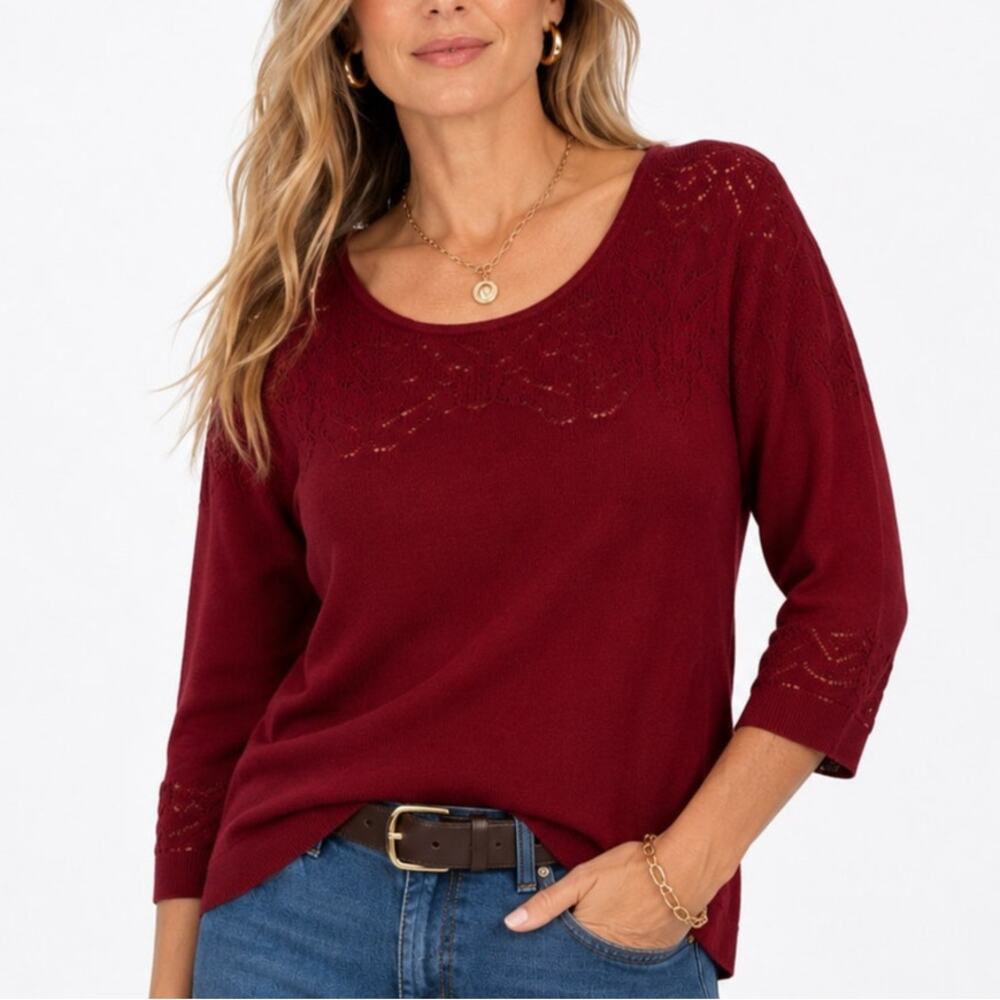 Talbots Pointelle Lace Yoke Sweater Burgundy Red Size XL